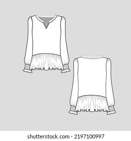 Frill Notch Neck Ruffles top Gathering Ruffles  hem Long Smocked hem frill Sleeve  frill trim  blouse Fashion design cad template  flat sketch drawing