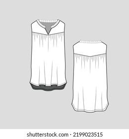 Frill Notch Neck Sleeveless top Neck Gathering ruffles High low dip hem Fashion flat sketch Template