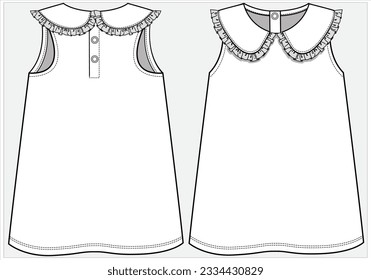 FRILL PETER PAN COLLAR SLEEVELESS A LINE KNIT DRESS WITH RING SNAP FASTENING DETAIL DESIGNED FOR KID GIRLS AND TODDLER GIRLS IN VECTOR ILLUSTRATION