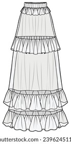 Frill Ruffle Tiered Maxi Skirt Fashion Illustration, Vector, CAD, Technical Drawing, Flat Drawing, Template, Mockup