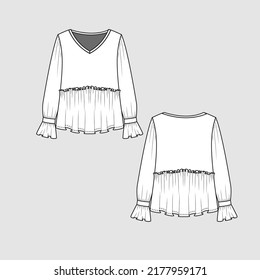 Frill ruffles gathering top V Neck Gathering  long sleeve  frills ruffle  hem t shirt top blouse fashion flat Sketch technical drawing template design vector