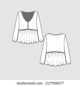 Frill ruffles henley top button panel Gathering frills ruffle long sleeve gathering hem t shirt top blouse fashion flat Sketch technical drawing template design vector