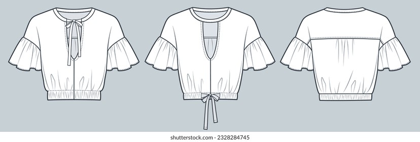 Moda técnica de Frill Sleeve Blouse Ilustración. Cuerdas de caracol, Moda de camiseta planas plantilla de dibujo técnico, recortada, recortada, cintura elástica, vista frontal y trasera, blanco, maquillaje CAD femenino.