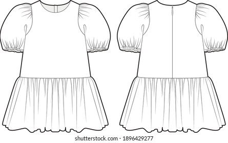  Frill Sleeve Dress Kids. Fashion vector technical sketch