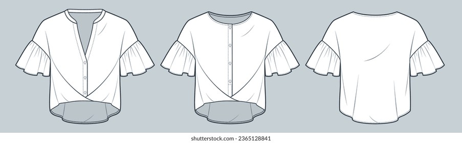 Frill Sleeve Shirt technical fashion Illustration. Blouse fashion flat technical drawing template, button-down, oversize, front and back view, white, women CAD mockup set.