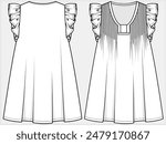 FRILL SLEEVE SUN DRESS WITH PINTUCKS AND V NECKLINE DETAIL DESIGNED FOR TEEN AND KID GIRLS IN VECTOR FILE