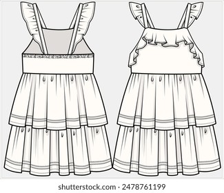 VESTIDO DE SOL SIN MANGAS CON ENCAJE Y DETALLE EN CAPAS DISEÑADO PARA NIÑAS ADOLESCENTES Y NIÑOS EN ARCHIVO DE VECTOR