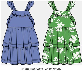 VESTIDO DE SOL SIN MANGAS CON ENCAJE Y DETALLE EN CAPAS DISEÑADO PARA NIÑAS ADOLESCENTES Y NIÑOS EN ARCHIVO DE VECTOR