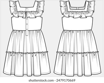 VESTIDO DE NIVEL SIN MANGAS CON DETALLE DE ESCOTE CUADRADO DISEÑADO PARA ADOLESCENTES Y NIÑAS EN ARCHIVO DE VECTOR