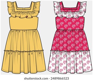 FRILL SLEEVELESS TIERED DRESS WITH SQUARE NECKLINE DETAIL DESIGNED FOR TEEN AND KID GIRLS IN VECTOR FILE