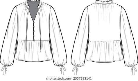 A Frill Smock Neck Long Sleeve Blouse