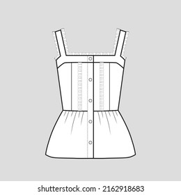 Frill Strap Peplum top waist gathering front frill detail full open button panel  fashion clothing flat sketch technical drawing template