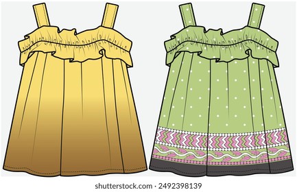 FRILL SUMMER WOVEN TOP WITH ELASTICATED BACK DETAIL DESIGNED FOR TODDLER AND KID GIRLS IN VECTOR FILE
