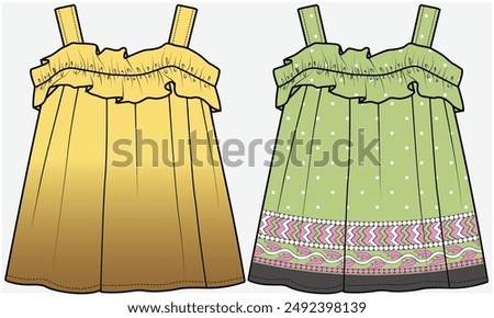 FRILL SUMMER WOVEN TOP WITH ELASTICATED BACK DETAIL DESIGNED FOR TODDLER AND KID GIRLS IN VECTOR FILE