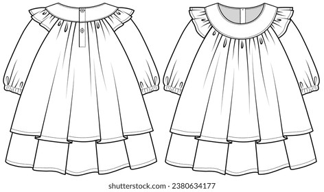 FRILL YOKE ESLASTICADO LARGO MANGUITO VESTIDO CANSADO DISEÑADO PARA NIÑAS INFANTES NIÑAS TODDLER Y NIÑAS BEBÉS EN ILUSTRACIÓN VECTORIAL