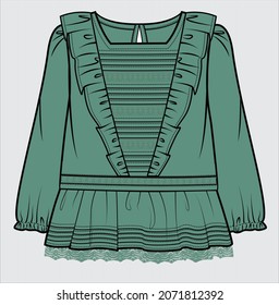 FRILLED BLOUSE WITH PINTUCKS DETAIL FOR KID GIRLS AND TEEN GIRLS IN EDITABLE VECTOR FILE