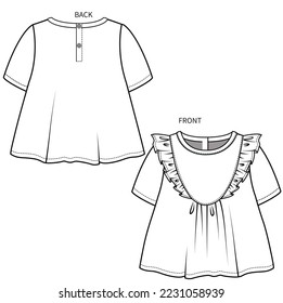 FRILLED CHEVRON BIB WOVEN TOP FOR TODDLER GIRL AND BABY GIRL SET IN EDITABLE VECTOR