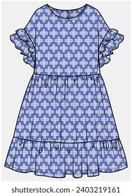 FRILLED DOLMAN SLEEVES TIERED DRESS DESIGNED FOR TEEN GIRLS AND KID GIRLS IN VECTOR ILLUSTRATION FILE