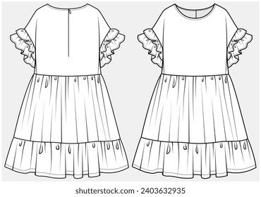 FRILLED DOLMAN SLEEVES TIERED DRESS DESIGNED FOR TEEN GIRLS AND KID GIRLS IN VECTOR ILLUSTRATION FILE