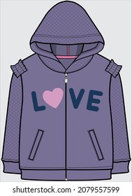 FRILLED HOODED SWEAT TOP WITH QUILTING FOR TEEN GIRLS AND KID GIRLS IN EDITABLE VECTOR FILE