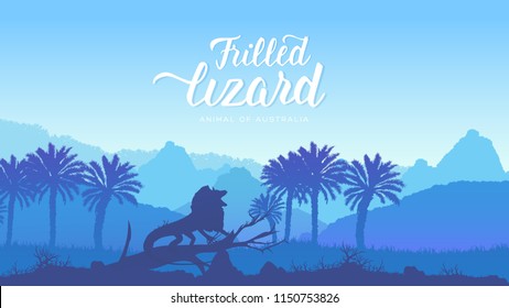 Frilled Lizard hunt for prey in the desert illustration. Silhouette of a wild animal in Australia background. Landscape of mountains in the wild design 