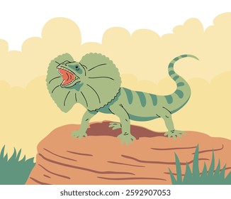 Frilled lizard sitting on a stone. Hooded reptile. Animal in the wild. Nature and fauna. Vector illustration