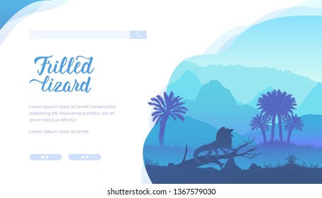 Frilled lizard vector landing page template. Reptile silhouette on monochrome landscape background. Zoological exhibition web banner design. Australian wildlife flat minimalistic illustration