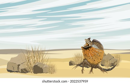 Lizards asustados están sentados en el desierto. Chlamydosaurus kingii o lagarto de cuello frito, dragón frito o agama frito. Reptiles salvajes de Australia y Nueva Guinea. Vector realista