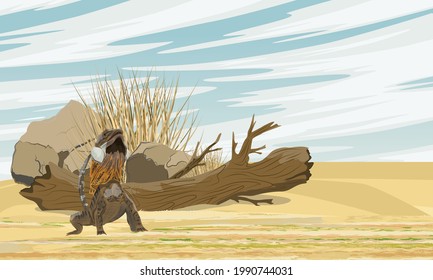 Frilled Lizards are sitting on the trunk of a fallen dry tree. Chlamydosaurus kingii or frill-necked lizard, frilled dragon or frilled agama. Wild reptiles of Australia and New Guinea. Realistic vecto