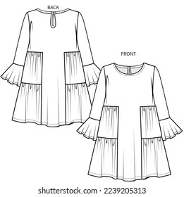 FRILLED LONG SLEEVE FANCY TIERED DRESS FOR KID GIRLS AND TEEN GIRLS IN EDITABLE VECTOR