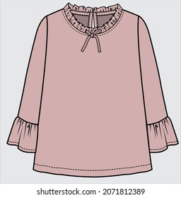 FRILLED LONG SLEEVES BLOUSE WITH FRILLED NECKLINE FOR KID GIRLS AND TEEN GIRLS IN EDITABLE VECTOR FILE