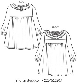 FRILLED NECKLINE SMOCKED DRESS FOR BABY AND TODDLER GIRLS IN EDITABLE VECTOR FILE