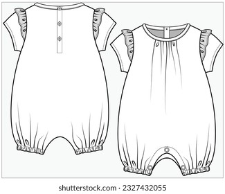 FRILLED ONESIE BODYDUIT PLAYSUIT WITH GATHERS AT NECKLINE DETAIL DESIGNED FOR TODDLER GIRL AND BABY GIRLS IN EDITABLE VECTOR