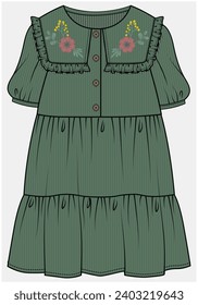 FRILLED PETER PAN COLLAR TIERED DRESS DESIGNED FOR TEEN AND KID GIRLS IN VECTOR ILLUSTRATION FILE