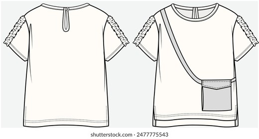 FRILLED SLEEVES KNIT TOP WITH CARGO POCKET AND HIGH LOW HEMLINE DETAIL DESIGNED FOR TEEN GIRL AND KID GIRL IN VECTOR