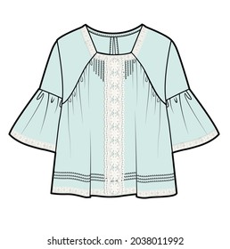 FRILLED SLEEVES WOVEN TOP WITH LACE FOR WOMEN AND TEEN GIRLS IN EDITABLE VECTOR