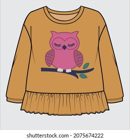 FRILLED SWEAT TOP WITH OWL APPLIQUE FOR KID GIRLS AND TODLER GIRLS IN EDITABLE VECTOR FILE