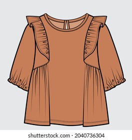 FRILLED WOVEN TOP WITH ELASTICATED PUFF ELBOW LENGTH SLEEVES FOR TEEN GIRLS AND KID GIRLS IN EDITABLE VECTOR FILE