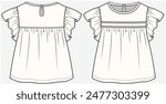 FRILLED WOVEN TOP WITH LADDER LACE AND EMPIRE CUT DETAIL DESIGNED FOR TODDLER GIRL AND KID GIRL IN VECTOR