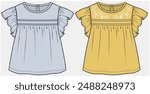 FRILLED WOVEN TOP WITH LADDER LACE AND EMPIRE CUT DETAIL DESIGNED FOR TODDLER GIRL AND KID GIRL IN VECTOR
