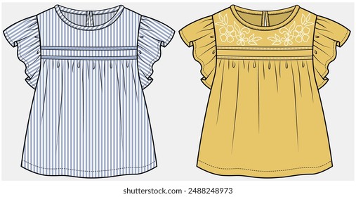 FRILLED WOVEN TOP WITH LADDER LACE AND EMPIRE CUT DETAIL DESIGNED FOR TODDLER GIRL AND KID GIRL IN VECTOR
