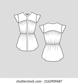 Frills neck cap sleeve tunic top waist gatherings detail Fashion clothing outline flat sketch technical drawing template design vector