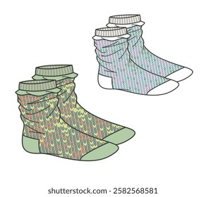 Frilly socks for women vector design mockup template technical flat drawing.