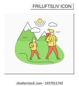 Friluftsliv color icon. Family hiking. Dad and son go camping. Mountain landscape.Nordic outdoor activities concept.Isolated vector illustration