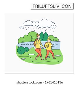 Friluftsliv color icon. Family hiking. Mom and son walking near river. Park landscape.Nordic outdoor activities concept.Isolated vector illustration
