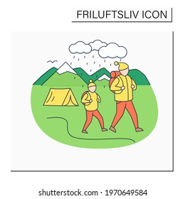 Friluftsliv color icon. Family hiking. Dad and son walking in the rain. Camping. Mountain landscape.Nordic outdoor activities concept.Isolated vector illustration