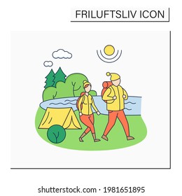 Friluftsliv color icon. Family hiking. Man and woman walking near river. Camping. Nice weather. Nature landscape. Nordic outdoor activities concept.Isolated vector illustration