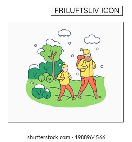 Friluftsliv color icon. Family hiking. Dad and son walking in snow. Park landscape.Nordic outdoor activities concept.Isolated vector illustration