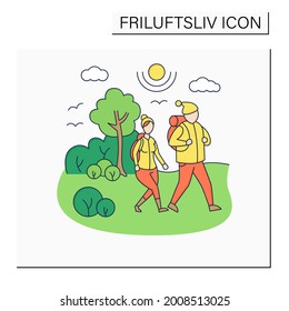 Friluftsliv color icon. Family hiking. Man and woman walking in park. Nice weather. Nature landscape. Nordic outdoor activities concept.Isolated vector illustration