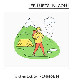 Friluftsliv color icon. Hiking. Rainy. Bad weather. Man walking. Mountain landscape.Nordic outdoor activities concept.Isolated vector illustration
